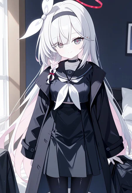 best quality, highres, masterpiece, 1girl, Plana_(Blue_Archive), grey eyes, white hair, bangs, long hair, single braid, hairband, black hairband, hair ribbon, choker, halo, (unnaturally white skin:1.2), (pale skin:1.1),
(shiny skin:1.2), standing, closed mouth, medium breasts, smile, looking at viewer, thighs, facing viewer, black serafuku long sleeve, coat removed, white neckerchief, black skirt, black pantyhose