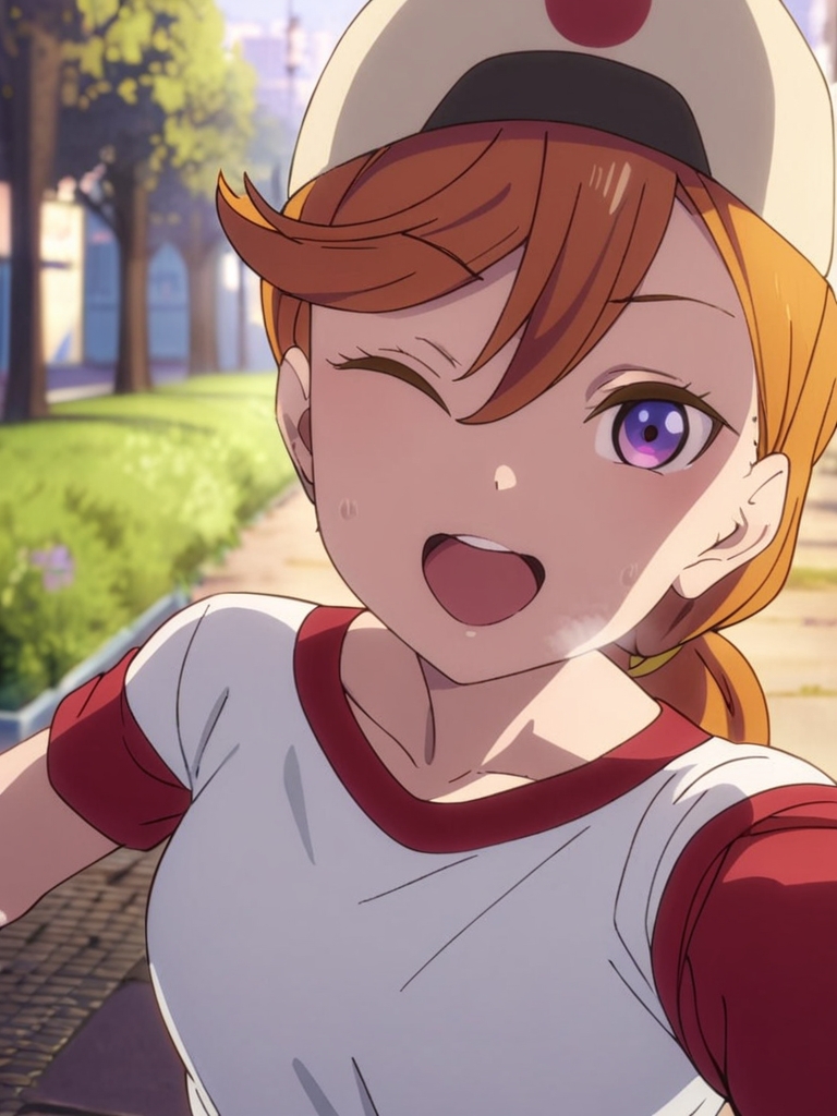 masterpiece, best quality, very aesthetic, absurdres, upper body, pov,
<lora:kanon-sdxl-000056:0.9>,
shibuyakanon, orange hair, one eye closed, (kanontraining, short hair, low tied hair), white t-shirt, red sleeves, short sleeves, (from side:0.8), hat,
heavy breathing, looking at viewer,