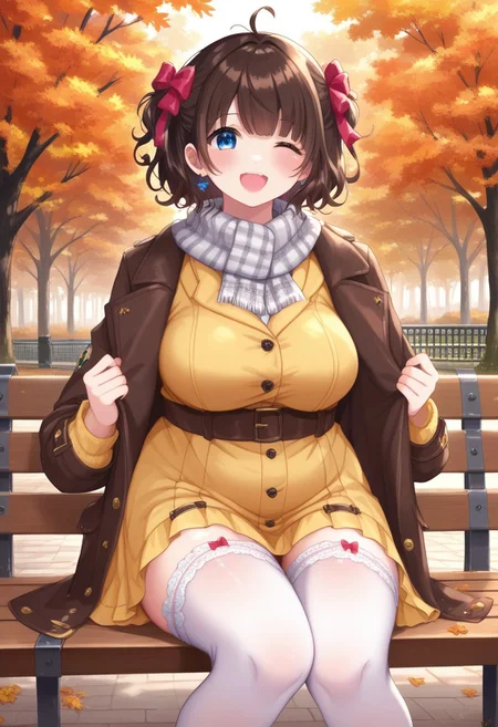score_9, score_8_up, score_7_up, source anime,
masterpiece, best quality, detailed, amazing quality,
detailed background, park, bench, fall, autumn, trees,
detailed eyes, clean eyes,
dynamic pose, sitting on bench,
solo, 1woman, woman,
easynegative,
slutty_m3l0dy, pale skin, short hair, blue eyes, dark brown hair, messy hair, curvy, chubby, big breasts,
bow, frilly, cute, headbow, ribbon, cute dress, stockings, scarf, coat, happy