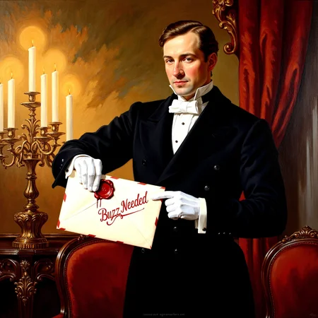 masterpiece, best quality, a butler in a victorian mansion, presenting an envelope sealed with red wax, big inscription "Buzz Needed" clearly visible, reaching forward with one hand, arm extended, offering the letter, elegant black uniform, white cotton gloves, traditional oil painting, dramatic candlelight, vintage textile texture, baroque background, soft brush strokes, warm shadows
