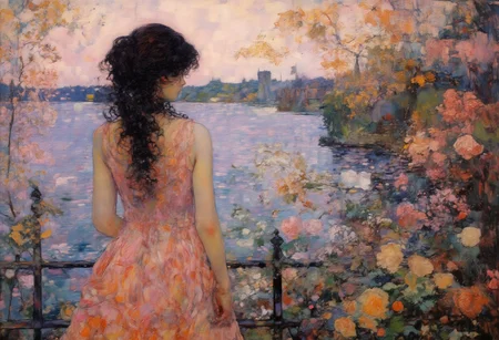 1girl, from behind, standing, long pink dress, bare shoulders, long black hair, hair blowing in the wind, looks at the lake, Falling leaves, wind blowing, silence,
Everything I love, I lost.
lake, railings, flower, petals, 
Life is a long play, I am the main character, both comedy and tragedy.
loneliness, grimm, suffering, hopelessness, sad, 
(art by Dima Dmitriev), figure-studies, Impressionism,  nature, oil-painting, romanticism, 
fantasy, femininity, Impressionism, magic-realism,  
impressionist painting, loose brushwork, vibrant, light and shadow play, captures feeling over form, 
figure-studies, Impressionism, oil-painting, romanticism, elegance, opulence,
OByouhua, oil painting