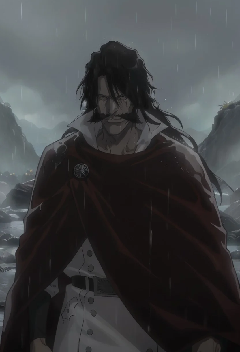 score_9, score_8_up, score_7_up, YHWHSDXL11, black hair, long hair, red eyes, mustache, white overcoat, white pants, crimson cape, upper body, rain <lora:1111:1.0>