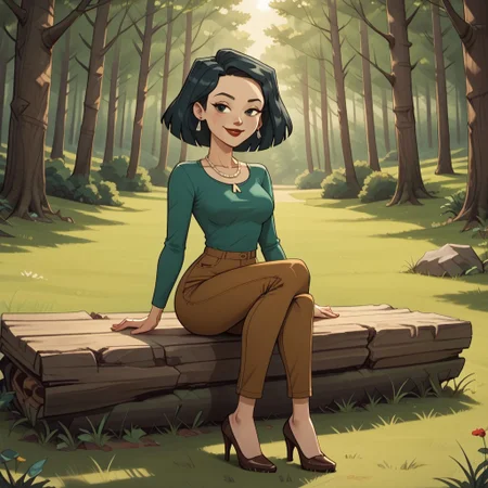 score_9, score_8, BREAK, solo, black hair, black eyes, red lips, lipstick, earrings, necklace, olive green shirt, long sleeves, brown pants, brown high heels, breasts, Heathers_Mother_(Total_Drama), cute, sexy pose, self portrait, smile, outdoors, sunlight, shadows, evening lighting, natural lighting, forest, trees, grass, orange sky, sunset