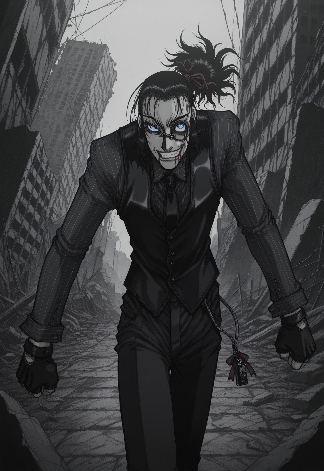 masterpiece, best quality, amazing quality, masterpiece, best quality, amazing quality, 1Boy, DarkWalter, blue eyes, black hair, back slicked ponytail, red hair ribbon, monocle, monocle over left eye, black tie, black vest, black pinstripe shirt, black pants, black fingerless gloves, keychain, standing. cowboy shot, dynamic pose, perspective, looking at viewer, angry, clenching teeth, ruins, blood on face, blood on mouth, evil smile,evil grin,crazy eyes, greyscale, monochrome,