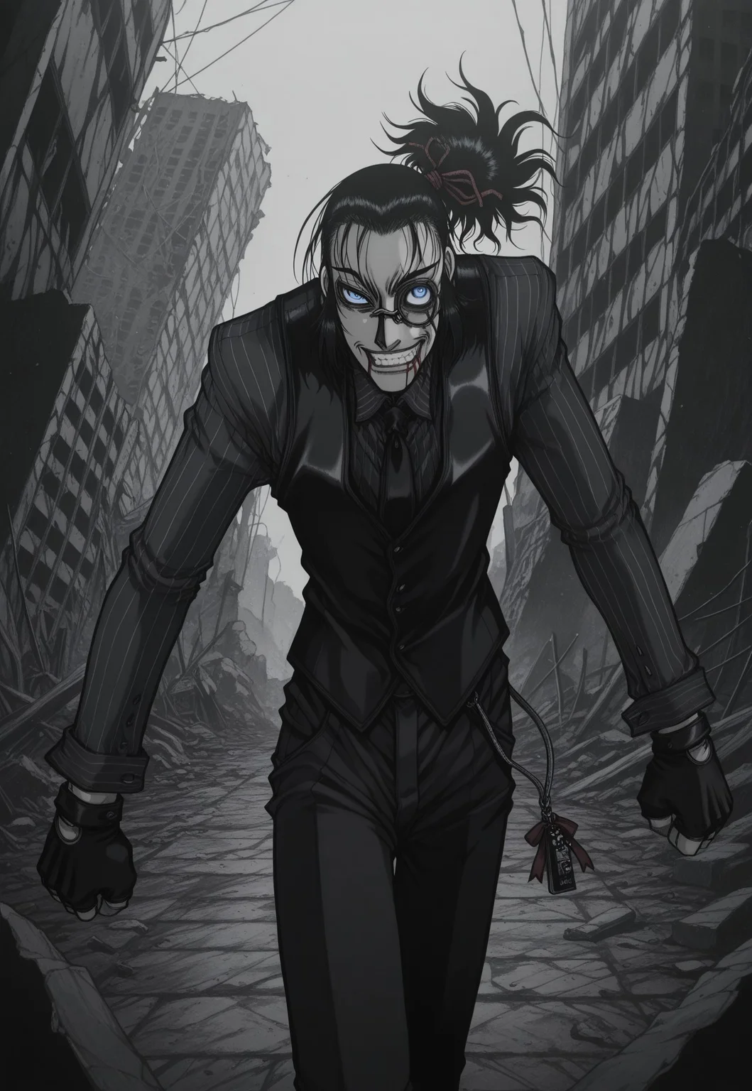 masterpiece, best quality, amazing quality, masterpiece, best quality, amazing quality, 1Boy, DarkWalter, blue eyes, black hair, back slicked ponytail, red hair ribbon, monocle, monocle over left eye, black tie, black vest, black pinstripe shirt, black pants, black fingerless gloves, keychain, standing. cowboy shot, dynamic pose, perspective, looking at viewer, angry, clenching teeth, ruins, blood on face, blood on mouth, evil smile,evil grin,crazy eyes, greyscale, monochrome,