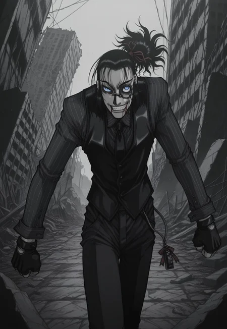 masterpiece, best quality, amazing quality, masterpiece, best quality, amazing quality, 1Boy, DarkWalter, blue eyes, black hair, back slicked ponytail, red hair ribbon, monocle, monocle over left eye, black tie, black vest, black pinstripe shirt, black pants, black fingerless gloves, keychain, standing. cowboy shot, dynamic pose, perspective, looking at viewer, angry, clenching teeth, ruins, blood on face, blood on mouth, evil smile,evil grin,crazy eyes, greyscale, monochrome,