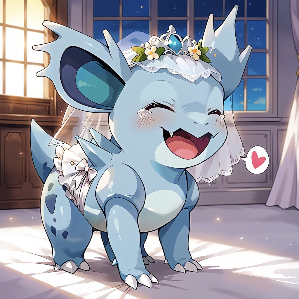 uploaded on e621, source_furry, rating_safe,moe, cute, score_10, score_9_up, score_8_up, score_7_up, score_6_up, absurdres, sharp, ((heart speech bubble)),
((ultra-detailed)), ((best quality)), ((best quality)),   ((extremely detailed)),4K, (8K), masterpiece,colorful, best quality, official art, highres, masterpiece, nai3, god light, detailed background, high quality background, Smooth, Anime, Expressiveh,
cute face, perfect anatomy,beautiful eyes, cute eyes, detailed skin, perfect hands, perfect face, front view, clothing,
BREAK,
background:church,night,indoors,
((quadruped,all fours,)),smile,Full Body, Romantic, 
Furry,feral, furry style, nintendo,pokemon,pokemon_(species),
 ((solo,1girl,female)),(nidorina,nidorina_pokemon), 
eyes closed, open smile mouth,tears,happy tears,tears of joy, 
slightly chubby,  thick thighs,wide hips,
bride,((clothing,clothed,clothed_feral)),alternative_fashion, frilly_clothing, white elbow gloves,dress,wedding_dress,((((wedding_veil)))),armwear,