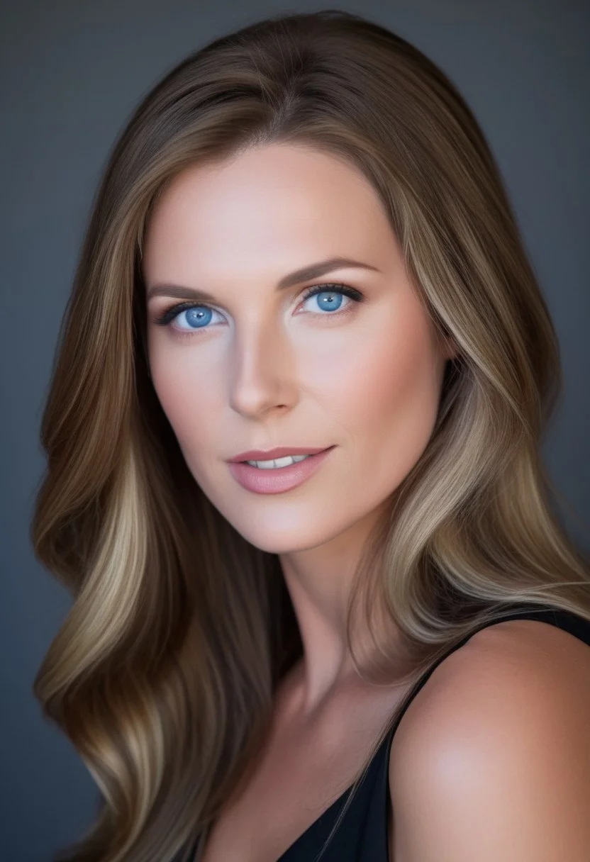 (beautiful brown hair with blonde highlights woman), (blue eyes), professional portrait for website