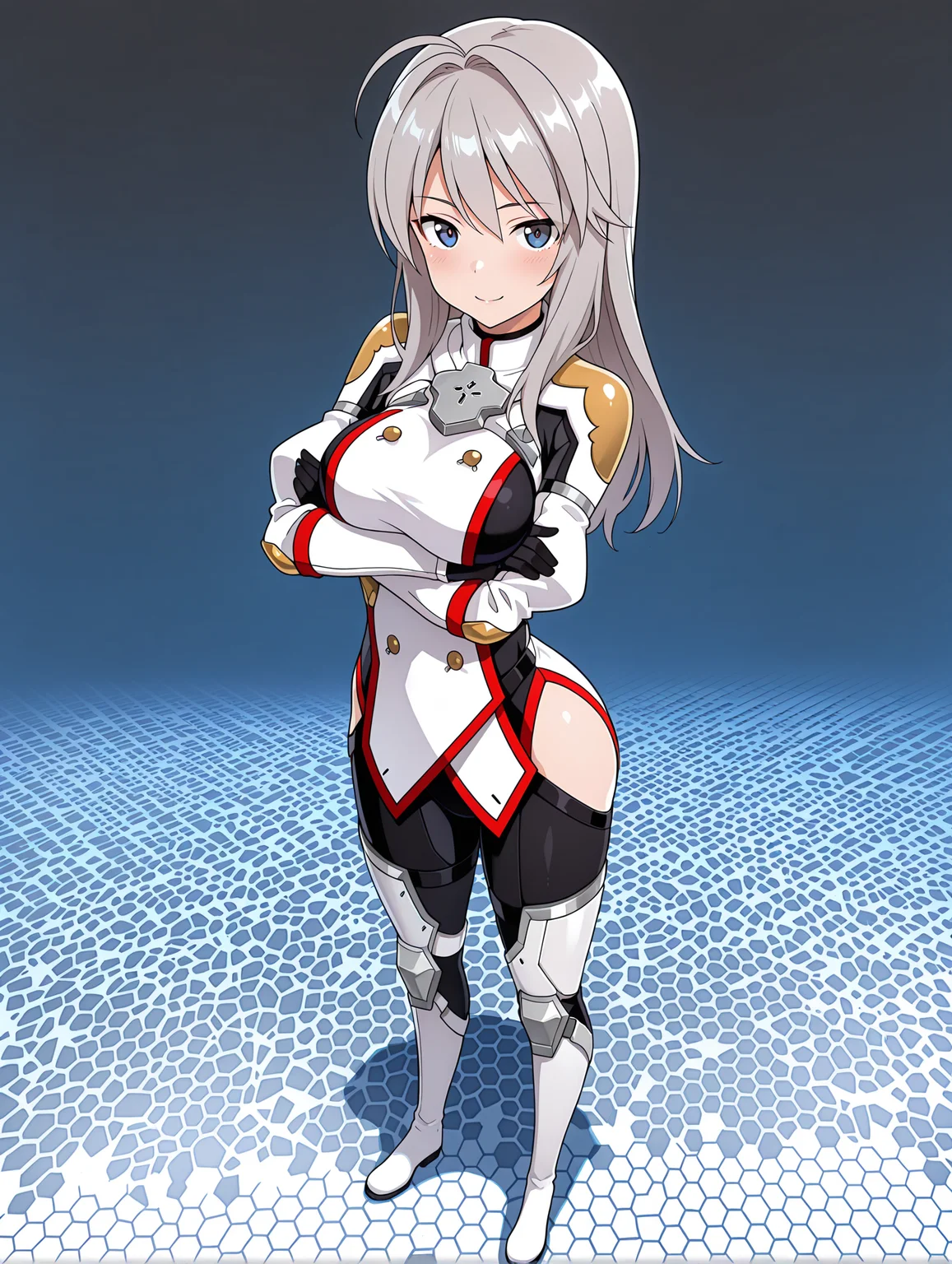 masterpiece,best quality,amazing quality,
1girl,solo,
<lora:k_chieri_ilxl_1.5:1>,chieri,ahoge,grey hair,blue eyes,
surcotte,armor,white footwear,
<lora:Fixhands_anime_bdsqlsz_V1:1>,face_focus,looking_at_viewer,full body,honeycomb_background,open_stance,standing,light_blush,white_background,seductive_smile,arched_back,crossed arms,