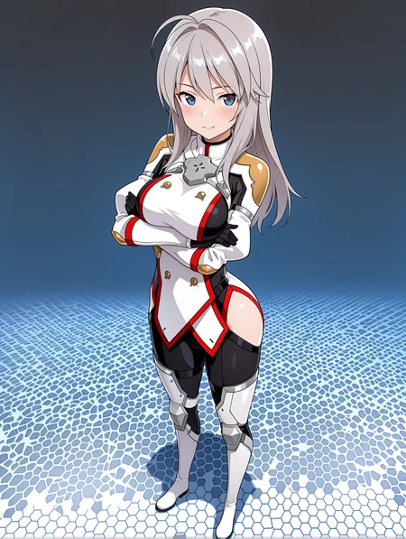 masterpiece,best quality,amazing quality,
1girl,solo,
<lora:k_chieri_ilxl_1.5:1>,chieri,ahoge,grey hair,blue eyes,
surcotte,armor,white footwear,
<lora:Fixhands_anime_bdsqlsz_V1:1>,face_focus,looking_at_viewer,full body,honeycomb_background,open_stance,standing,light_blush,white_background,seductive_smile,arched_back,crossed arms,