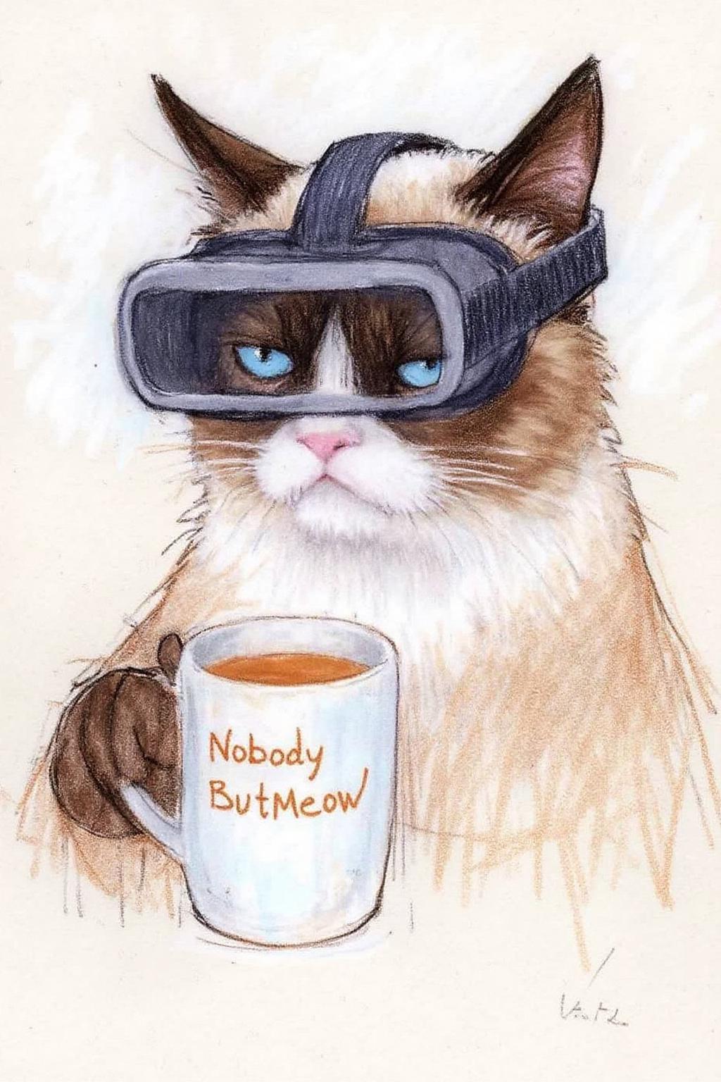 marycassatt2 drawing.
Grumpy Cat holding a coffee mug, wearing a VR Headset. The mug has the phrase "NobodyButMeow" printed <lora:marycassatt2_cap_d6a3:1.0><lora:840707004860302282:0>