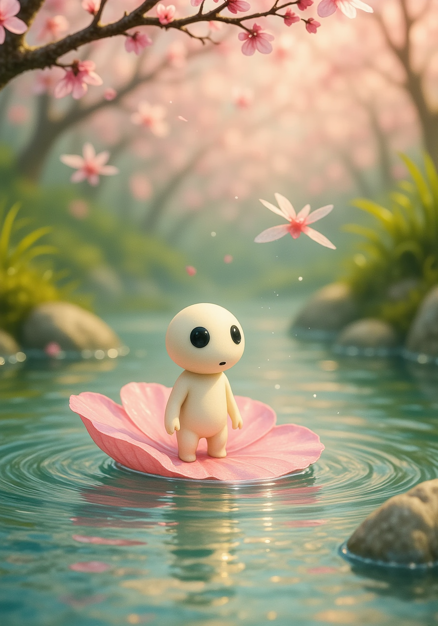 a single tiny kodama standing carefully atop a floating cherry blossom petal, drifting down a clear, gentle stream; the petalâs delicate pink edges curl slightly with the motion of the water, magnifying the kodamaâs small size against the broad, flowing current; overhanging branches heavy with blossoms arch above, their petals cascading softly into the stream, while dragonflies hover lazily in the golden sunlight that glimmers across the waterâs surface<lora:kodama_flux.safetensors:1.0:1.0>