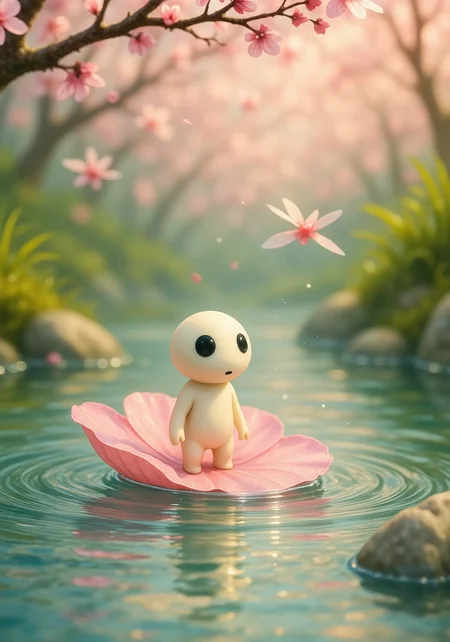 a single tiny kodama standing carefully atop a floating cherry blossom petal, drifting down a clear, gentle stream; the petalâs delicate pink edges curl slightly with the motion of the water, magnifying the kodamaâs small size against the broad, flowing current; overhanging branches heavy with blossoms arch above, their petals cascading softly into the stream, while dragonflies hover lazily in the golden sunlight that glimmers across the waterâs surface<lora:kodama_flux.safetensors:1.0:1.0>