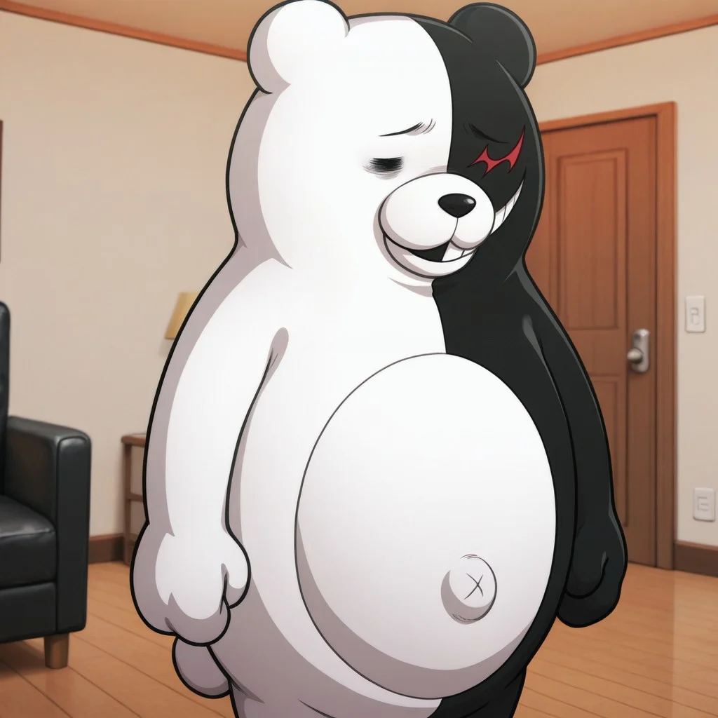 masterpiece, best quality, amazing quality, monokuma, male, furry male, anthro, solo, bear, white fur, black fur, two-tone fur, round ears, black eye, red eye, black nose, teeth, belly button, bear tail, standing, sad, indoors, living room