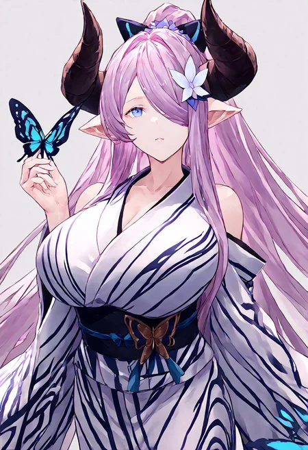 score_9, score_8_up, score_7_up, score_6_up, score_5_up, score_4_up, source_anime, 1girl, solo,
yktNmya, horns, pointy ears, lavender hair, very long hair, ponytail, blue eyes, hair over one eye, hair flower, white yukata, sash, detached sleeves, butterfly print, huge breasts,
masterpiece, best quality, very aesthetic, absurdres,