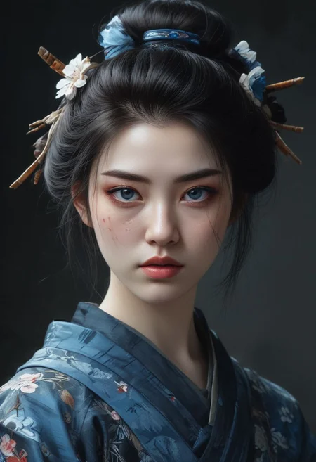 Medium shot, cosplay, female samurai Geisha, pale skin, blue eyes, black clothes,  digital painting style by Aleksi Briclot, Oil on Canvas by Rembrandt