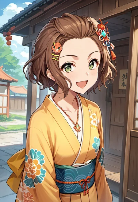 score_9, score_8_up, score_7_up, source_anime, nanba emi, short hair, brown hair, green eyes, 1girl, solo, hair ornament, japanese clothes, open mouth, smile, hairclip, kimono, necklace, jewelry