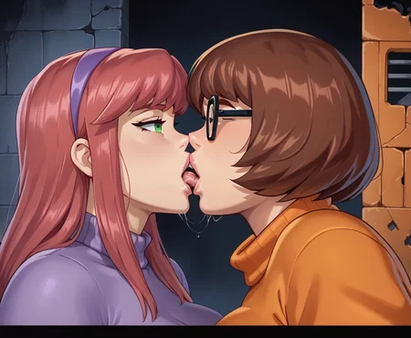 Daphne, Red hair, Purple Sweater, Green eyes, black Leggings, Feminine Figure, <lora:DaphneMysteryIPony1.0:0.3> DaphneB
Kissing, Deep Kiss, Tongue kiss, Sloppy, Saliva Trail, <lora:Deep_kiss:0.6>
2 Girls, upper Body view,
Abandoned place, Dark, nighttime, Dark and blue theme,
BREAK
Velma, Orange Stockings, Glasses, Short Brown Hair, Voluptuous, Chubby <lora:Velma:0.2>
Kissing, Deep Kiss, Tongue kiss, Sloppy, Saliva Trail,
2 Girls, upper Body view,
Abandoned place, Dark, nighttime, Dark and blue theme,
<lora:mixplin_pd:0.75>, Mixplin Style,