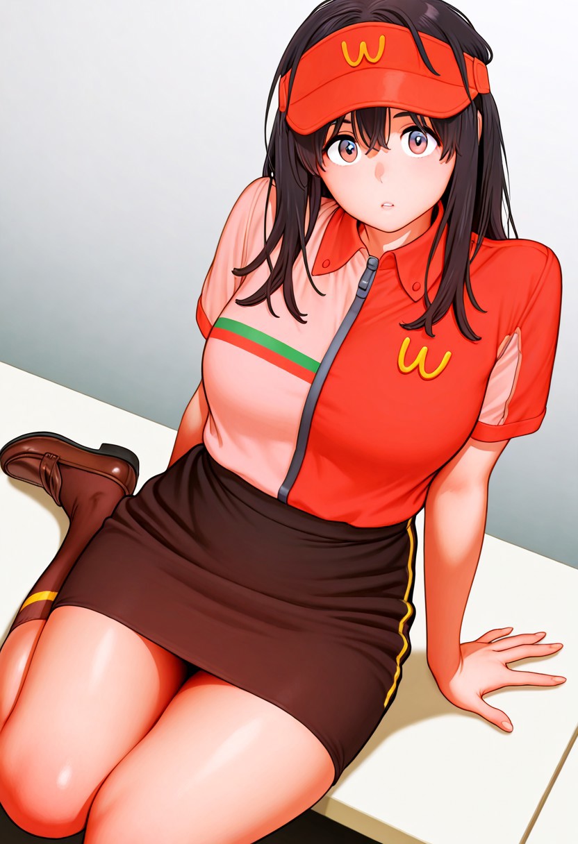masterpiece, best quality, amazing quality, miyam0to_mad0ka, black hair, 1girl, solo, employee uniform, pink and red shirt, black pencil skirt with yellow stripes, red visor cap with "W" logo,  [[socks with the "w" logo]], [[[loafers]]], collared shirt, [[brown socks]] , red hat, visor cap, short sleeves , looking at viewer, [[face focus]], breasts focus, upperbody,  inouekiyoshirou, [shortstack]