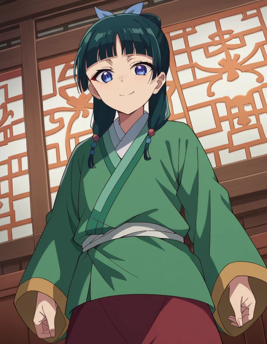 score_9, score_8_up, score_7_up, source_anime,
maomao, <lora:kusuriya-maomao-s1-ponyxl-lora-nochekaiser:1>,
maomao, long hair, bangs, blue eyes, hair ornament, green hair, blunt bangs, freckles, hair bun, single hair bun,
japanese clothes, robe, green robe, long sleeves, wide sleeves, skirt, red skirt,
indoors, smile,
looking at viewer, cowboy shot, dutch angle,