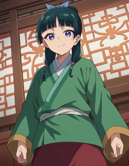 score_9, score_8_up, score_7_up, source_anime,
maomao, <lora:kusuriya-maomao-s1-ponyxl-lora-nochekaiser:1>,
maomao, long hair, bangs, blue eyes, hair ornament, green hair, blunt bangs, freckles, hair bun, single hair bun,
japanese clothes, robe, green robe, long sleeves, wide sleeves, skirt, red skirt,
indoors, smile,
looking at viewer, cowboy shot, dutch angle,