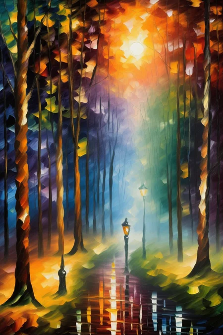 <lora:Leonid Afremov Style:1>Leonid Afremov Style - A dreamy moonlit forest scene, with trees bathed in soft, glowing colors, evoking the magical ambiance often found in Leonid Afremov's paintings.