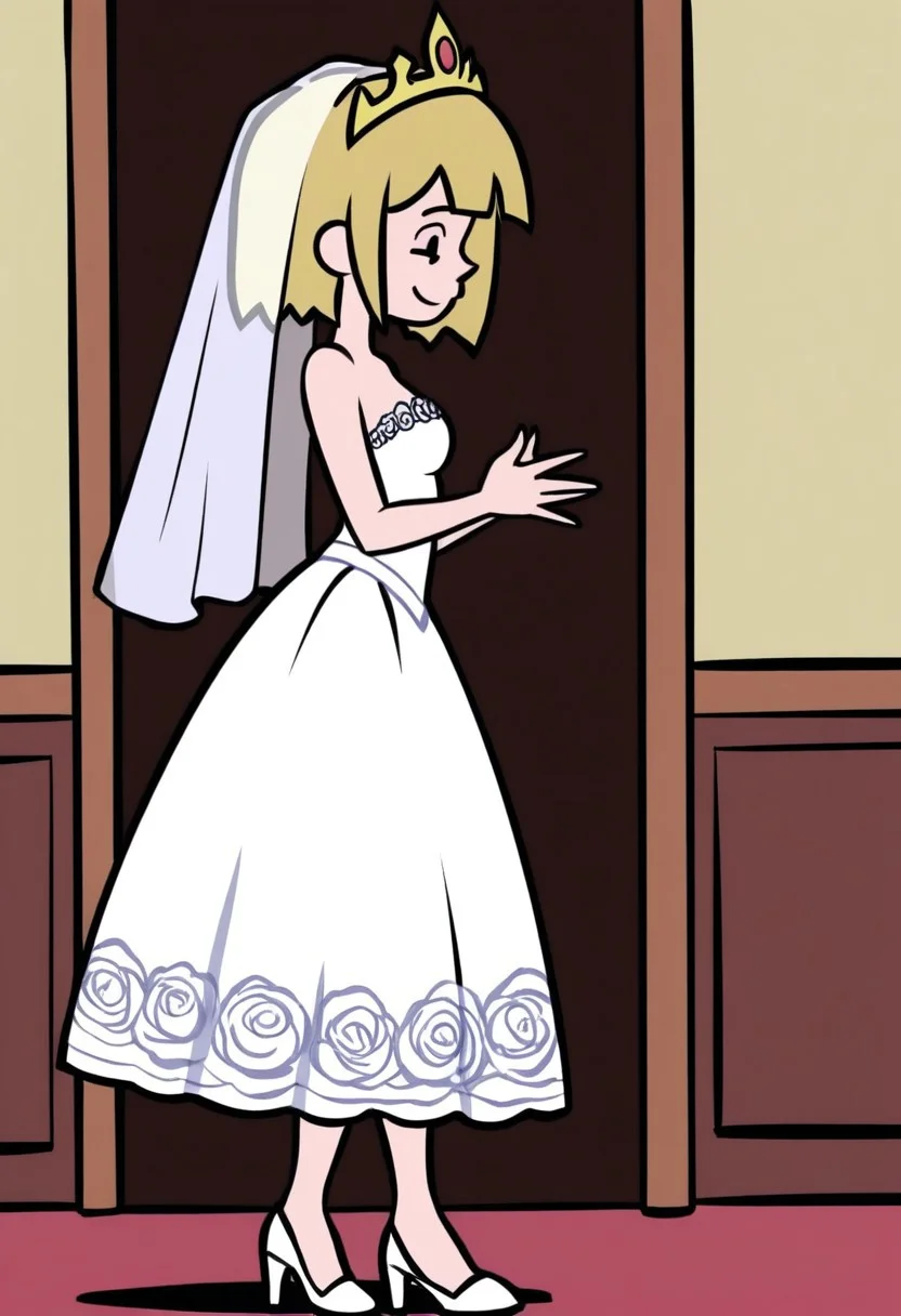 score_9, score_8_up, score_7_up, score_6_up, score_5_up, 1girl, solo,
masterpiece, best quality, absurdes,
(source_cartoon),
<lora:Nora's Mom (Storybooth) (Illust):0.8>
Nora_Mom_Storybooth, blonde hair, short hair, Dot eyes, 1girl, solo, smile, perfect Small flat chest natural breasts, standing, Full body, barefoot, perfect hands 4fingers, perfect barefoot, Perfect toes, 4toes,
Wedding dress, Wedding veil, Golden tiara, white high heels sandals, kissing solo, from side,
indoors,
<lora:Detailer_NoobAI_Incrs_v1:0.4> detailed,