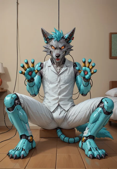 safe_pos, (((Barefoot furry character, full body, cinematic setting, furry male, plantigrade)))
(((Gilliam))), wolf boy, white pajama, ((wired, hijacked, hacked, corrupted, reprogrammed, brainwashed, mindwiped, )), sitting, spread legs, m pose, nice metalic feet paws, ((nice robotic feet paws)), three toes, claws, pawpad, determined look, (((restrained))), tilted head, drooling
BREAK
(((gilliam wolf, evil eye, sharp, red fluff tail, cyan hair, robot, cybernetic wolf, metallic))), (((screens with matrix code)))
BREAK, intricate details, highly detailed, extreme detail, octane render, fine art, best quality, highres, (detailed face:1.5), ((full_body)), UHD, (((perfect hands))), low light