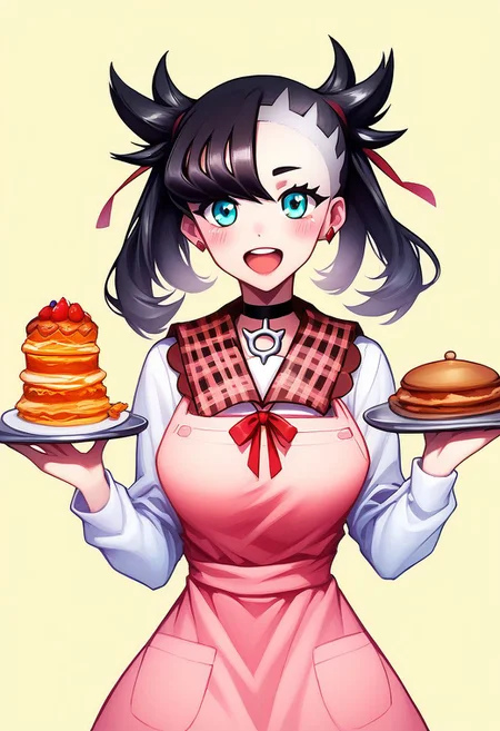 score_9, score_8_up, score_8, big breasts, cute, eyelashes, curvy,
zzMarnie, aqua eyes, black choker, red ribbon, black hair, :d, apron, blouse, blush, holding, holding plate, open mouth, pink apron, plaid, plaid sailor collar, plate, sailor collar, shirt, smile, solo, upper body, white shirt
