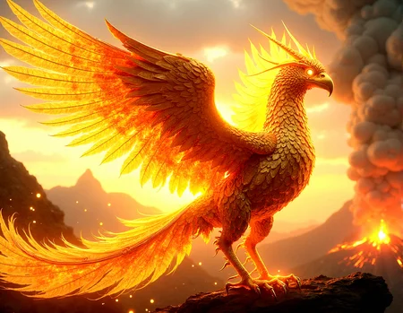 An awe-inspiring mechanical phoenix, its body a masterpiece of golden feathers intricately designed with a mix of smooth, polished surfaces and finely etched patterns. Each feather is crafted to perfection, layered seamlessly to create a lifelike, flowing appearance as the phoenix moves. The wings, expansive and regal, are adorned with thousands of these delicate feathers, each one catching the light and radiating a bright, golden glow. The phoenix’s tail feathers are long and elegant, sweeping behind it in graceful arcs, with the ends of each feather curling gently as if alive. The head features a sharp, streamlined design, with a crown of radiant golden feathers and glowing, crystalline eyes that add to its majestic presence. The setting is a dawn sky, with the first rays of sunlight illuminating the phoenix, making it appear as though it is made of pure, living light.Small, glowing embers float in the air around the phoenix, adding a fiery, magical quality.A distant volcano spews lava and ash into the sky, adding a dramatic, fiery contrast to the golden phoenix.
