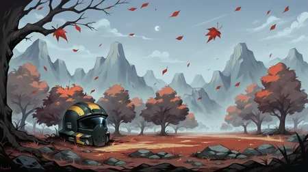 scenery, dramatic, black and yellow accents helmet on the ground, no humans, outdoors, evil woods, bushes, red leaves on trees, dark, night sky, <lora:HelldiversXL:0.9>, <lora:Concept Art Twilight Style SDXL_LoRA_Pony Diffusion V6 XL:0.5>, <lora:Helmet_on_the_ground_PonyXL-000004:0.5>, BREAK score_9, score_8_up, score_7_up, score_6_up, score_5_up,