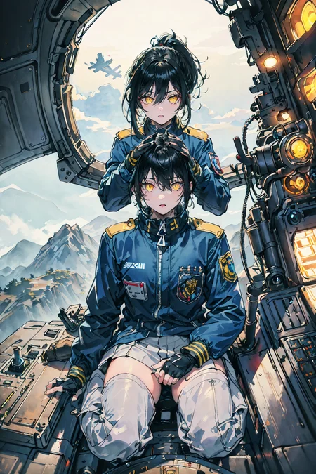 best quality, high resolution, distinct image, 1girl, solo, pretty_girl, full body, ((blue flight jacket)), \nblue pilot suit, schoolgirl uniform, short_hair, (black hair, bushy hair,short ponytail,,yellow_eyes,dark eyelashes,\n((((masterpiece)))), soft glowing eyes, hair between eyes, raised_fist, reaching, carry_me\n(cockpit, mecha cockpit, sitting, sitting on seat, complicated machine, digital screen, science fiction,holding side sticks on the cockpit) ,((dynamic angle)), landscape, grassfield, best quality, high resolution, distinct image