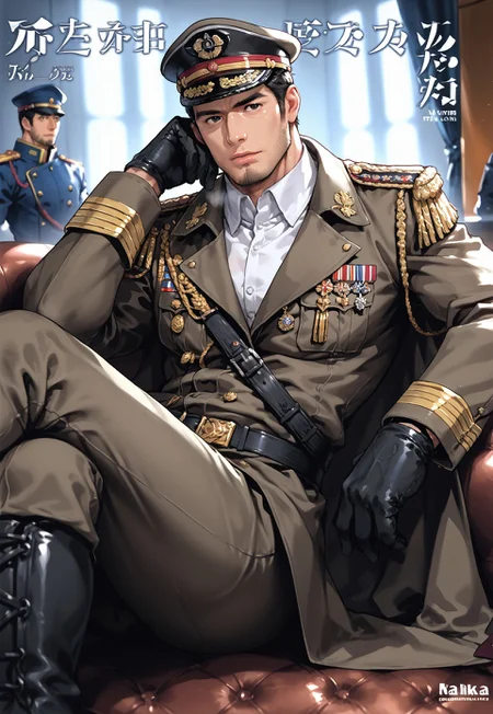 safe_pos, (Aaaild, Aaadjd, manga cover, magazine cover, text) source_anime, safe_pos, perfect anatomy, perfect proportions, best quality, masterpiece, high_resolution, high quality, (solo focus, male focus, male only, bara, gay, homo, mature, masculine, manly, virile, macho, hunky, rugged, middle-age, daddy, dilf, handsome), alluring, seductive, heroic, serious, grim, stern, unsociability, bluntness, gruffness, naughty face, moaning, dazed, looking away, focusing gaze, BREAK (asian man, dark eyes, black hair, sideburns, facial hair, stubble, beard), BREAK (dark military uniform, military uniform with a single high stand-up collared jacket, sleek design, no outer layers, no lapels, single-layer jacket, gorget patches, black gloves, epaulettes, dark pants, boots, military peaked cap, long khaki coat, open coat), BREAK sitting on floor, lying on back, relaxed pose, leaning slightly, one knee bent upward, legs spread, hand supporting head, contemplative expression, horny, kinky, domination, heavy breathing, enticed, excessively sweaty shiny skin, shading, countershading, indoors, locker room, dark atmosphere, 