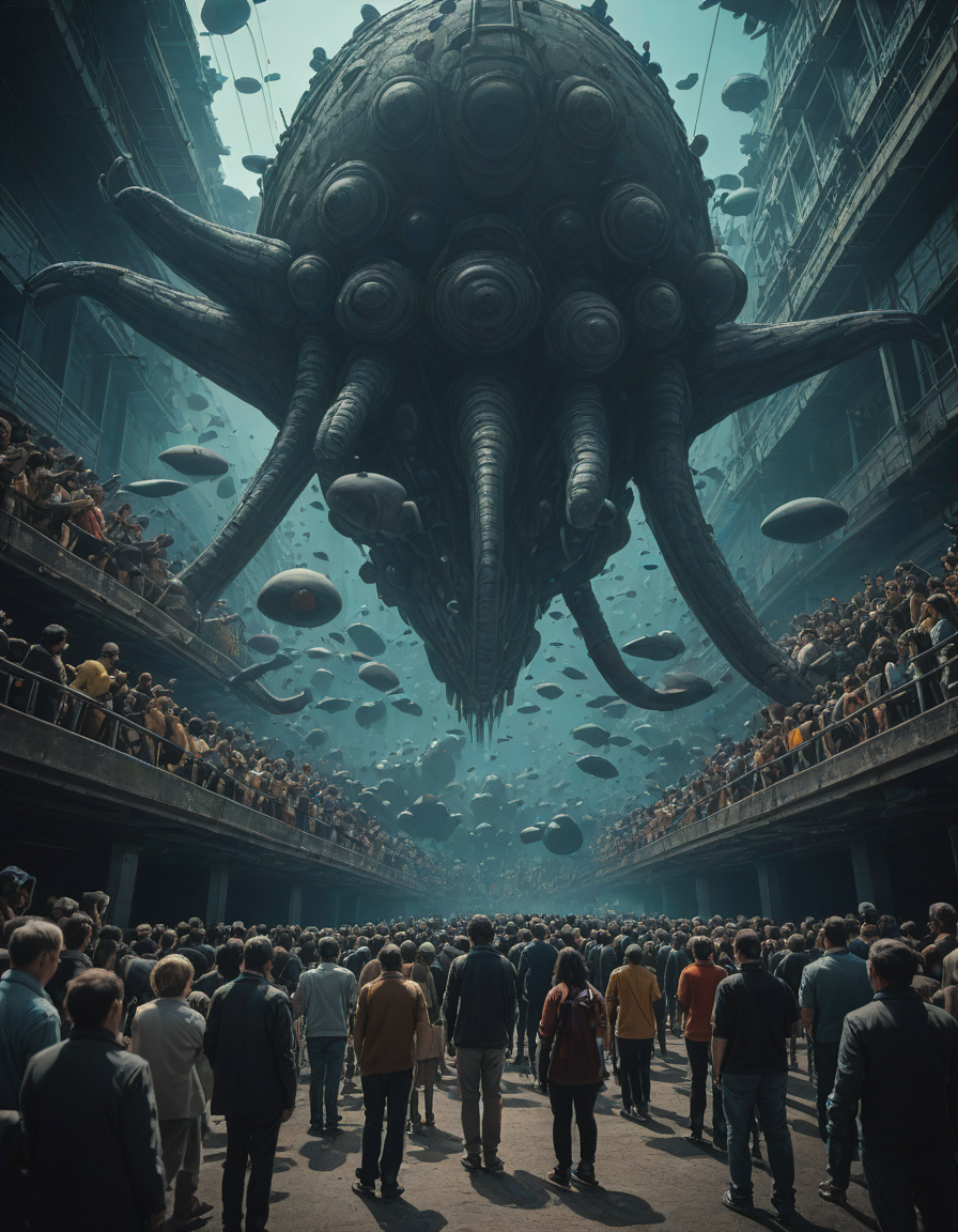 the day that aliens met us, digital art, epic, lighting, color harmony, volumetric lighting, matte painting, epic composition, trending on artstation, techno-artificial reef, underwater technology installation, robotic marine life, sustainable marine ecosystem, <lora:crowd_notrigger:1.0>