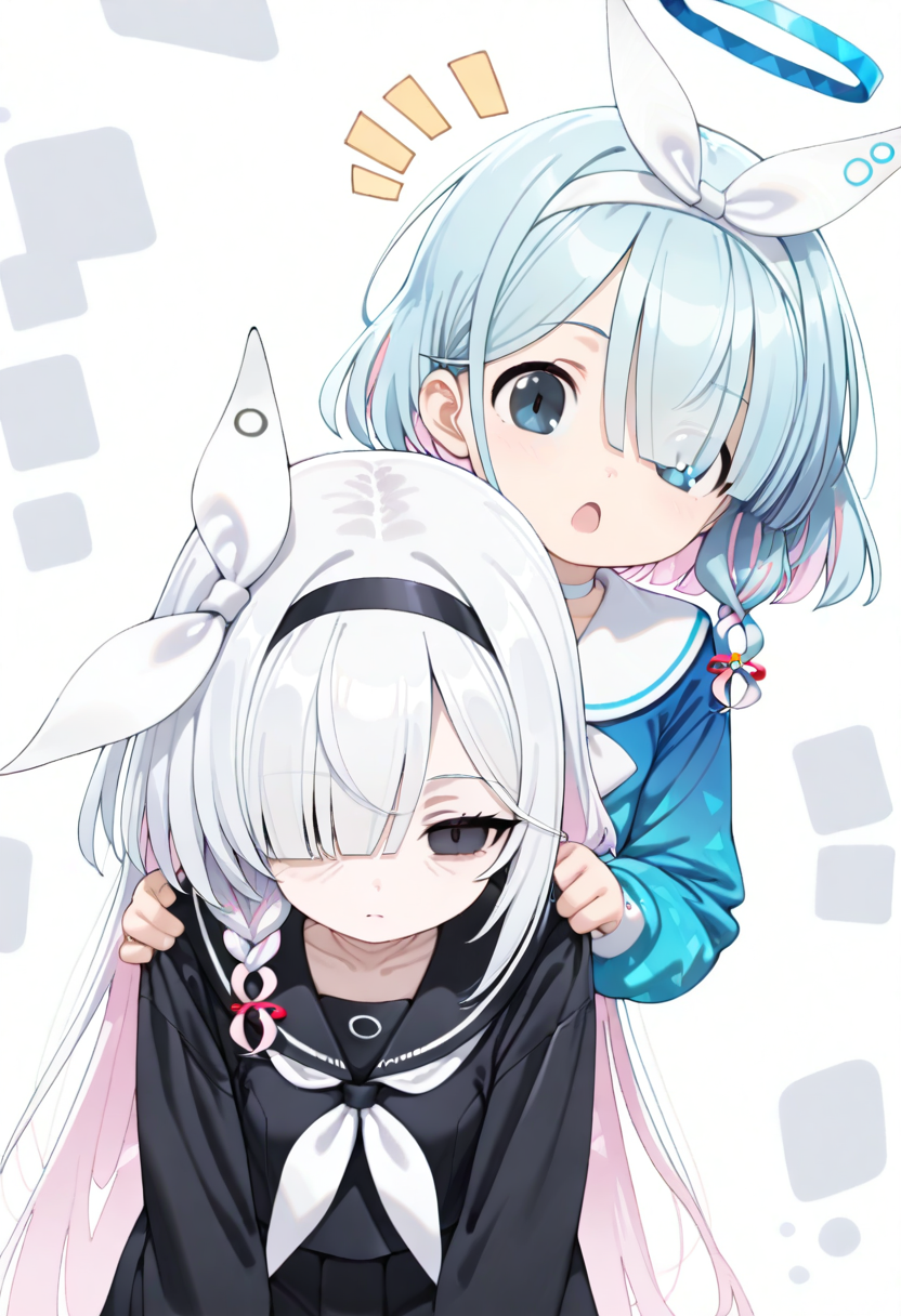 2girls,  arona \(blue archive\), miyuki, blue halo, hairband, blue hair, short hair, colored inner hair, single braid, hair over one eye, blue eyes, upper body, closed mouth, blue serafuku, looking at viewer, grabbing another's shoulders, black serafuku, black skirt, ((1girl in another's body)), (BREAK) plana \(blue archive\), no halo, white hair, long hair, colored inner hair, single braid, hair over one eye, black eyes, empty eyes, wrinkled face, standing, bent down, head down,  open mouth, :o, expressionless, 