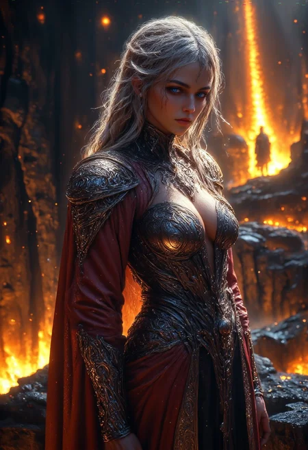 fantasy. dark, vibrant fantasy scene. female warrior. small breasts. fit body. Dress with integrated black and gold armor with complex details. Sword with runic inscription. Flowing hair. Serene atmosphere. Interplay of light and shadow. Luminous fantasy. Mystical power, high level of detail. on a cliff. View of the lava of a volcano
perfection style, vivid colors, colorful, aidmaMJ6.1, hkmagic, from side. realistic, ral-frctlgmtry, hkevil, vulcano in background, moon, dark cliff