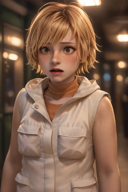 1girl, depth of field, highly detailed, high contrast ,  god rays, volumetric lighting,solo, <lora:Heather_mason_lora:0.8> heather_mason, blonde hair, short hair, freckles,vest, shocked,<lora:zonkold:1> z0nkp4nch, PonyXLV6_Scores, zPDXL3, <lora:Hyper-SDXL-8steps-lora:1>
