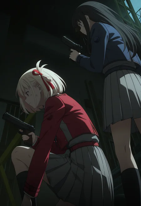 <lora:Chisato&Takina_Illustrious-000056:1>,
Chisato NISHIKIGI,blonde hair,
Takina INOUE,black hair,
cowboy shot,2girls,construction site,dirty face,dirty clothes,fighting_stance,v-shaped eyebrows,handgun,holding handgun,from_below,cinematic_angle,standing,squatting,dark,indoor,get down on one knee,looking_away,facing_away,from_side,profile,pleated skirt