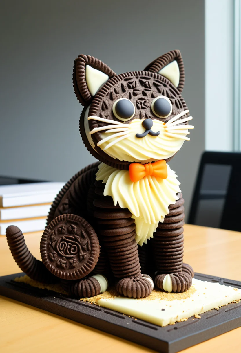 cat made of creamy cookies,  set in a site office, with temporary structures, planning boards, construction schedules, and supervisors in safety vests, ,Masterpiece,best quality, photo, realistic, very aesthetic,