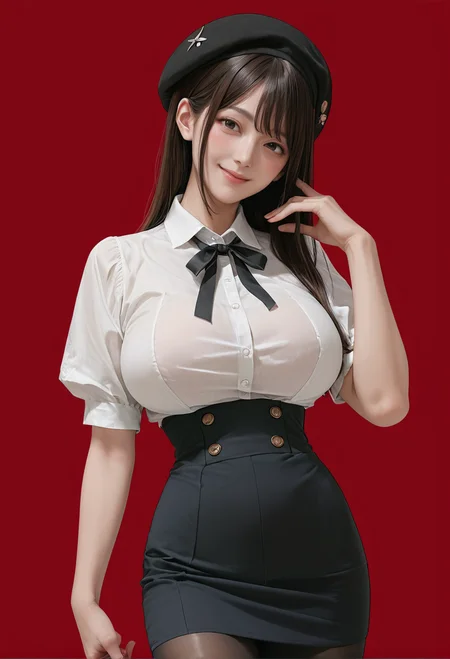 1girl,solo,red background,,ruanyi0902,beret,black ribbon,collared shirt,black pantyhose,high-waist skirt,white shirt,
cowboy shot,<lora:0902 Home wear 5_v1_pony:1>, score_9, score_8_up, score_7_up, score_6_up, score_9, score_8_up, score_7_up, score_6_up source_anime, blush, 1girl, seduce smile, perfect body , natural huge breasts