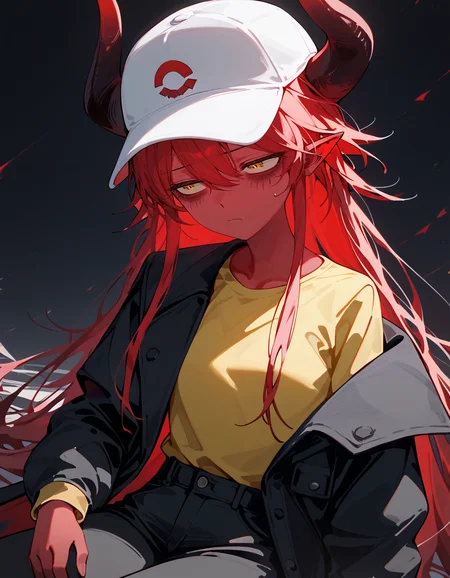 score_9, score_8_up, score_7_up, best quality, masterpiece, 4k, uncensored, prefect lighting, very aesthetic, source_anime
, 1 female, red hair, <lora:33_Gaff_PONY:1>, red skin, demon horns, bags under eyes, tired expression, white hat, yellow shirt, black pants, black jacket