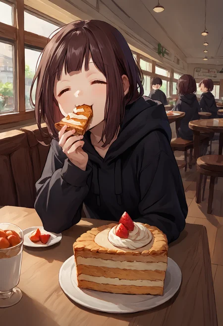 score_9, score_8_up, score_7_up, source_anime, 1girl, nanase kurumi \(menhera-chan\), brown hair, black hoodie, <lora:NanaseKurumi_Menhera-chan_XLPD-000011:1>, pov across table, food, cafe, cake, happy, closed eyes, eating, indoors,