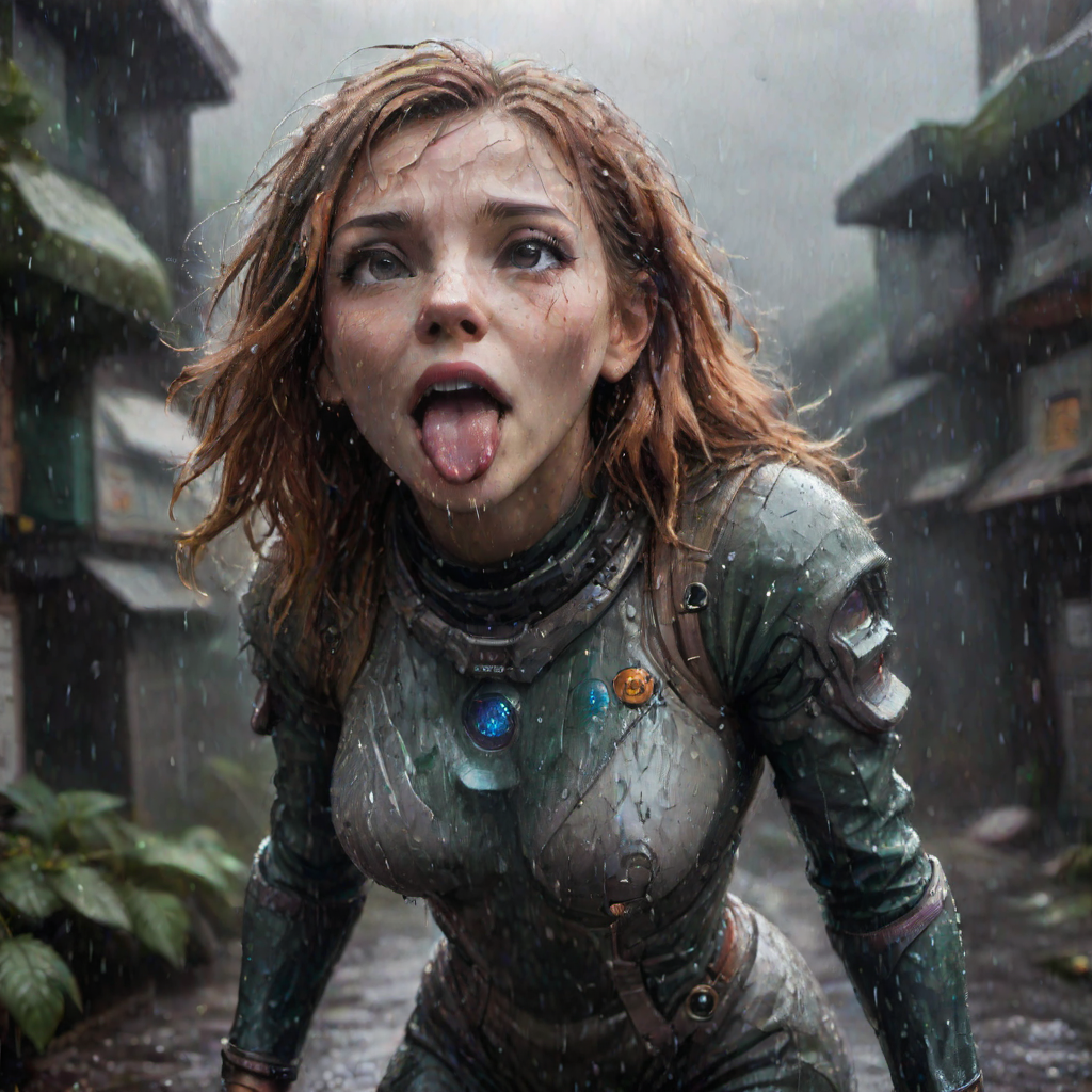 (ultra realistic photo:1.2), (full shot:1.2), pretty woman, 1girl, extremely detailed futuristic space suit, very detailed, unknown planet nature background, (rainy:1.2), acid rain drops, view from above, wide angle, <lora:ahegao_xl_v4_nd20_na10_cd20_ca10:1.2>, ahegao face, open mouth, tongue, rolled eyes, crossed eyes, looking up, head thrown back, catching drops with mouth, spread arms, happiness!, SimplePositiveXLv2, <lora:LCM_LoRA_Weights:0.9>