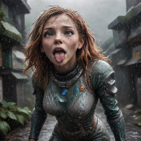 (ultra realistic photo:1.2), (full shot:1.2), pretty woman, 1girl, extremely detailed futuristic space suit, very detailed, unknown planet nature background, (rainy:1.2), acid rain drops, view from above, wide angle, <lora:ahegao_xl_v4_nd20_na10_cd20_ca10:1.2>, ahegao face, open mouth, tongue, rolled eyes, crossed eyes, looking up, head thrown back, catching drops with mouth, spread arms, happiness!, SimplePositiveXLv2, <lora:LCM_LoRA_Weights:0.9>