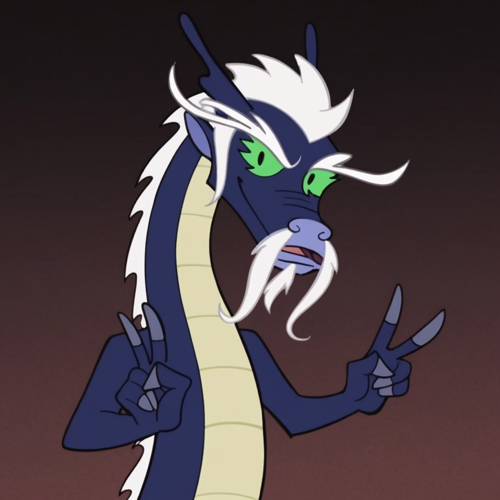 score_9, score_8_up, score_7_up, Expressiveh, masterpiece, best quality, highly detailed, realistic, (zPDXL3), 1boy, solo, (LaoShiDG, furry, feral, eastern dragon, scalie, horns, white hair, white mustache, white goatee, white eyebrows, blue body, yellow body, two tone body, green sclera, black eyes, tail, claws, 5 fingers) ((peace sign)), upper body, close-up, closed mouth, looking at viewer, black background, simple background, uncensored, open mouth, tongue, smile