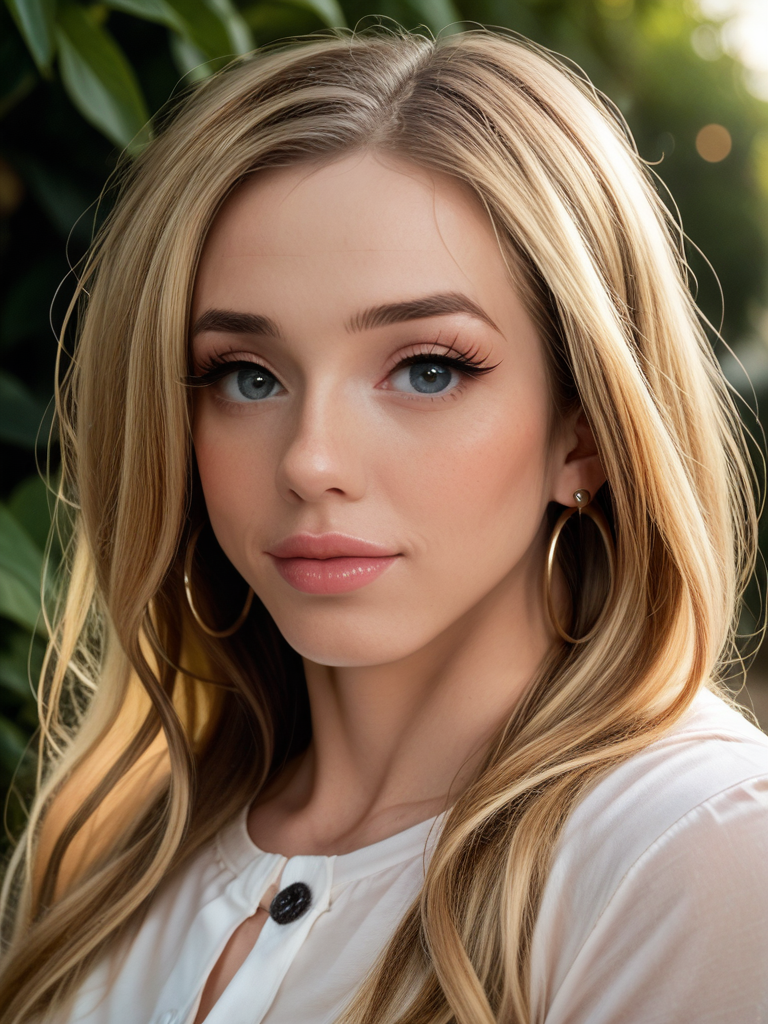 score_9, score_8_up, score_7_up,  LilyDemure33, Lily Demure, <lora:LilyDemure33-pony:1>,  1girl, solo, portrait, shiny lipgloss, lips, vintage aesthetic, close-up, (fair skin), long hair, blonde hair, tee shirt, lipstick, solo, blush, looking at viewer, bokeh, focus, film, velvia, film grain, best quality, photograph, focus, earrings, garden