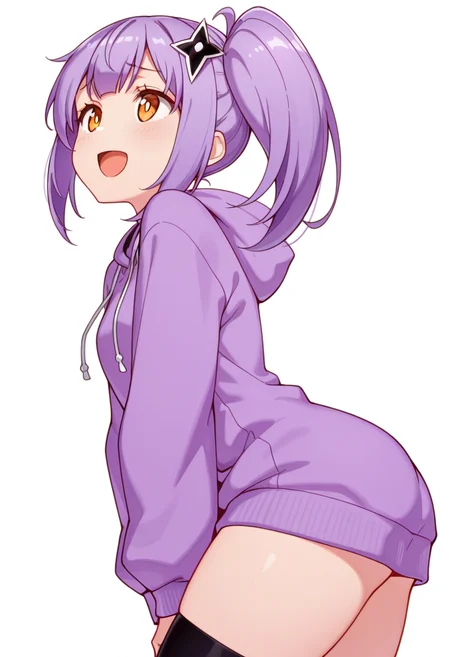 masterpiece,high quality details, absurdres,
 <lora:Satoko_Kusagakure:0.9>
satoko_cnr, 1girl, purple hair, long hair, side ponytail,orange eyes,hair ornament,sidelocks,, simple background, white background, from side,solo,, furrowed brow,in heat,, :d,, hoodie,qipao top,spats, ,var-legwear,