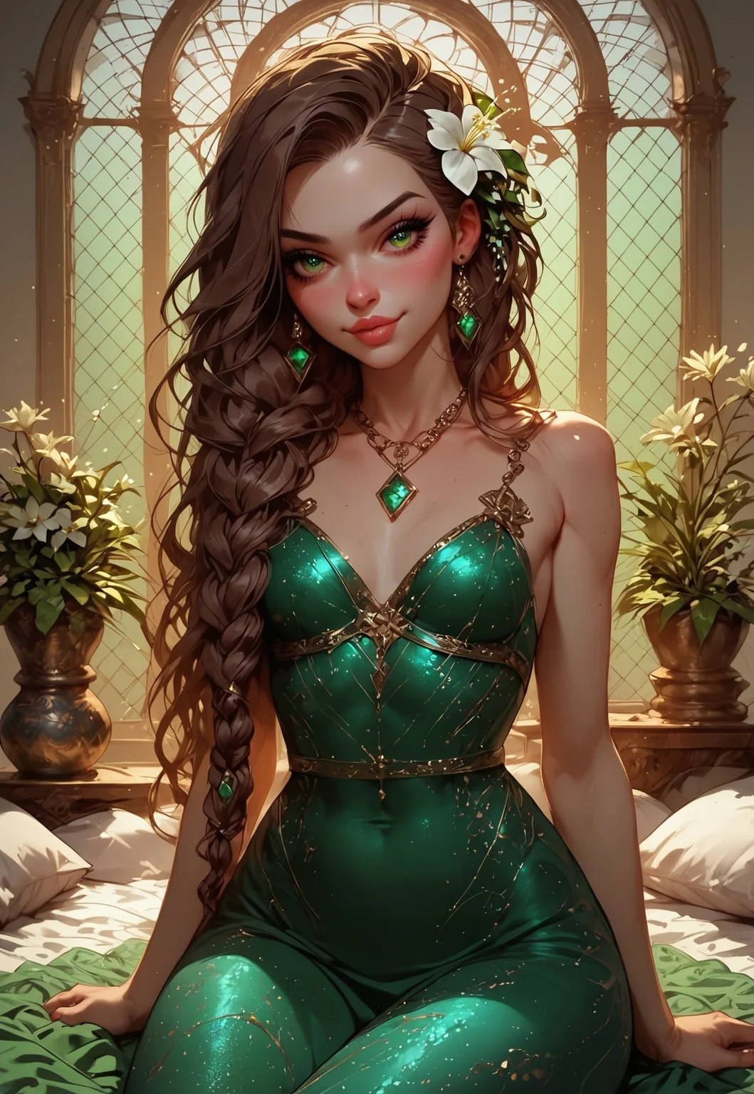 safe_pos, safe_pos, score_9, score_8_up, score_7_up, score_6_up, score_5_up, score_4_up, human female, girl, short, beautiful, seductive, white skin, curvy, hourglass figure, wide hips, small breasts, perky breasts, chocolate brown hair, long hair, braided hair, side braid, emerald eyes, round eyes, big mouth, filled lips, small ears, round ears, round face, snub nose, beautiful face, aesthetic face, bronze jewelry, emerald jewelry, emerald wrap dress, bronze silk dress, friendly, naughty, mischievous, friendly smile, sitting on bed, holding pot of flower, bronze pot, pot in lap, beautiful white flower, playing with hair, luxurious brothel, brothel room, golden and green decorations in background, emerald carpet, bronze furnitures, green plants in the background, bronze columns in background, decorated window in background, artistic background Expressiveh, g0th1c