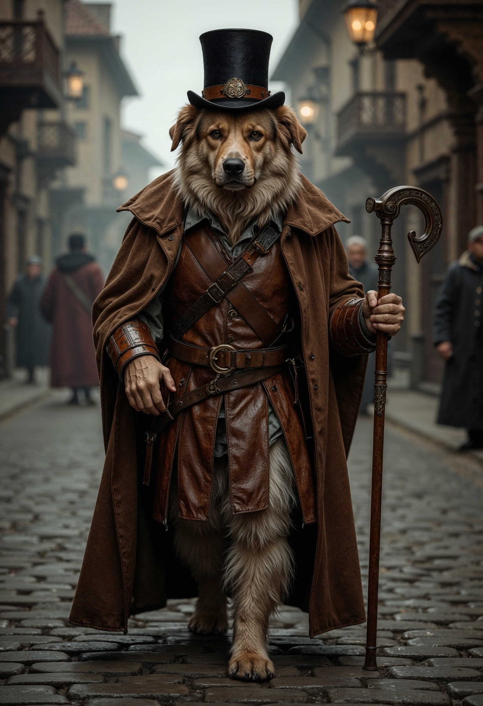 R3alism, a highly detailed, photorealistic image of an anthropomorphic dog dressed as a steampunk warrior. The dog wears a tattered brown cloak, leather armor, and a black top hat. It walks confidently on a cobblestone street with blurred, holding a staff, medieval-style buildings and people in the background. The dog's expression is stern, and its fur texture is meticulously rendered. The image evokes a fantasy, Victorian-era atmosphere.  <lora:FluxMythR3alism:1>
