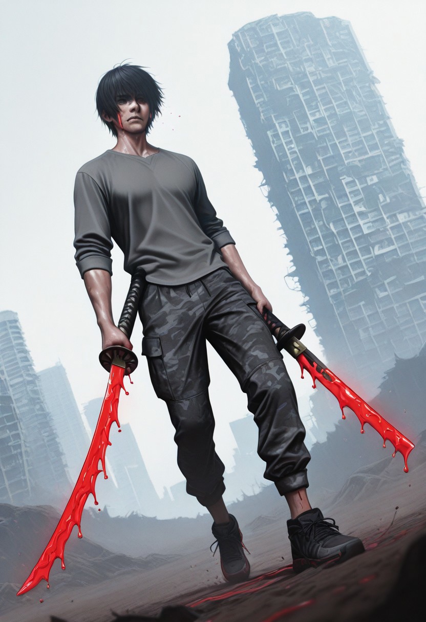 lazypos, ShatterEdge, Blood-soaked weapon, Katana,  1boy, aged up, black hair, short hair, five-o'clock shadow, grey muscle shirt, camo pants, sneakers, holding sword, sweat, dirt, dutch angle, epic, cinematic, city ruins, depth of field, volumetric lighting, lunging, swiping at viewer, In your face action,